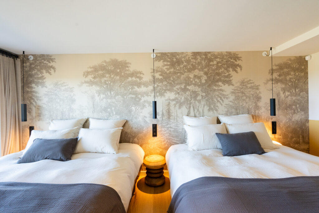 Chambre avec lits jumeaux king size et décoration claire et raffinée